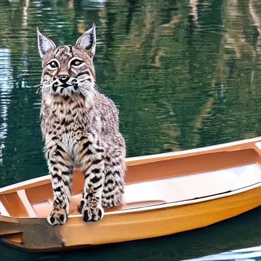 Image similar to a bobcat in a rowboat wears a baggie hat and has its hand on its hip, the boat is half full of water but the bobcat seems at ease