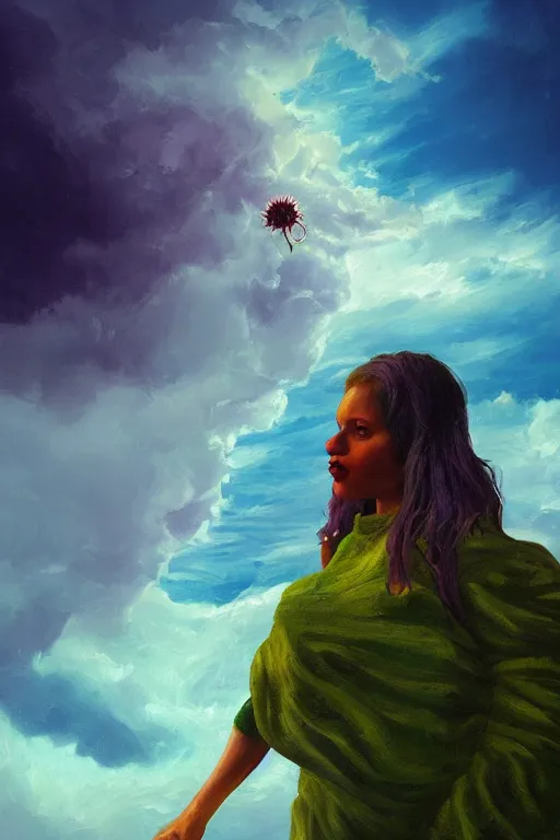 Image similar to closeup giant dahlia flower as head, girl standing on mountain, body of ronnie coleman, surreal photography, blue storm clouds, dramatic light, impressionist painting, digital painting, artstation, simon stalenhag