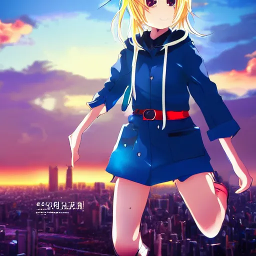 Image similar to Pixiv, Anime Key Visual, cute anime loli with blond hair and cute pigtails, wearing blue coat with a hood and black shorts, jumping from the tallest building of a modern city. She does a superhero pose. Cinematic scene of an HDR sunset, faint orange light. Amazing piece Trending on Artstation