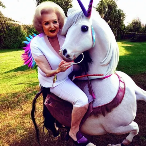 Image similar to betty white riding a unicorn