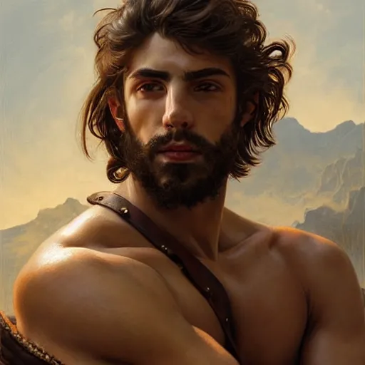 Image similar to very very very epic portrait of the greek man patroclus and his friend achilles, soft hair, muscular, half body, leather, hairy, d & d, fantasy, intricate, elegant, highly detailed, digital painting, artstation, concept art, smooth, sharp focus, illustration, art by artgerm and greg rutkowski and alphonse mucha