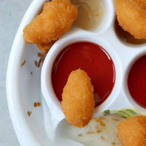 Prompt: chicken mcnugget buddies swimming in a dipping sauce cup