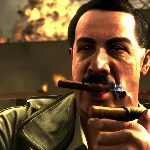 Prompt: Raul Menendez smoking a cigar, Black Ops 2 screenshot