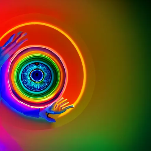 Image similar to still of rainbow orphanim encircled by rotating rings, giant eyeball, biblical accurate angel, mythological, 8 k, octane render, 3 5 mm, amazing details, beautiful composition