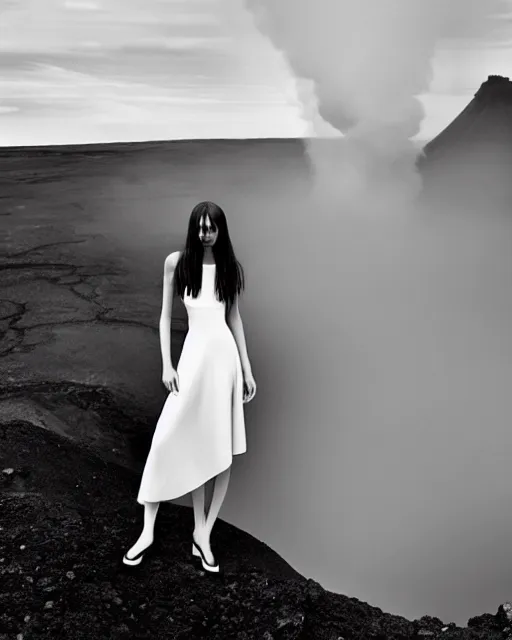 Prompt: high fashion photography of an elegant chic young woman model with cropped bangs and long straight hair, she is wearing a minimalist simple dress, intense expression, at the edge of an active volcano caldera spewing magma, by Steven Meisel and Chris Cunningham