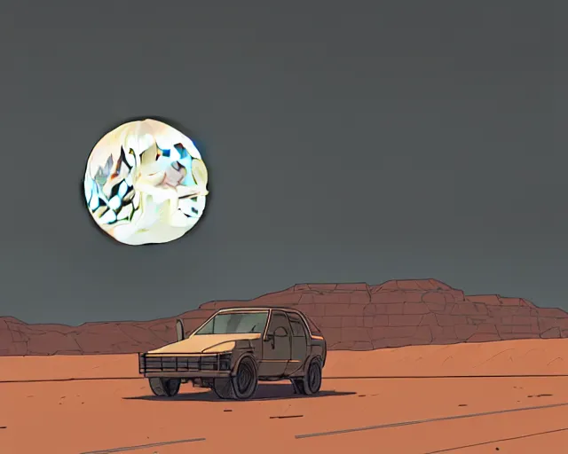 Image similar to a study of cell shaded cartoon of kanye west on a desert road, in front of a big moon illustration, wide shot, muted colors, post grunge, concept art by josan gonzales and wlop, david rubin, mike mignola, laurie greasley, highly detailed, sharp focus, trending on artstation, hq, deviantart, art by artgem