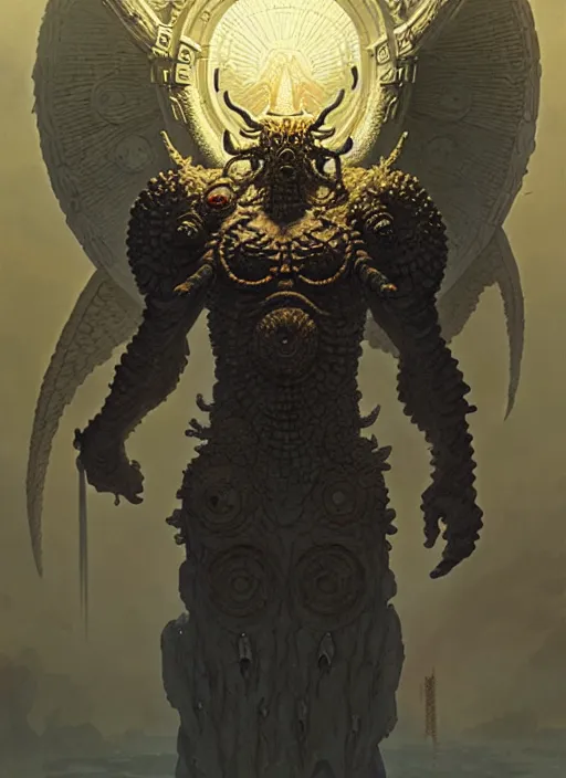 Image similar to masterpiece concept art, rebulon the ancient demon - angel, by greg rutkowski and geof darrow, 8 k, intricate detail, cinematic lighting