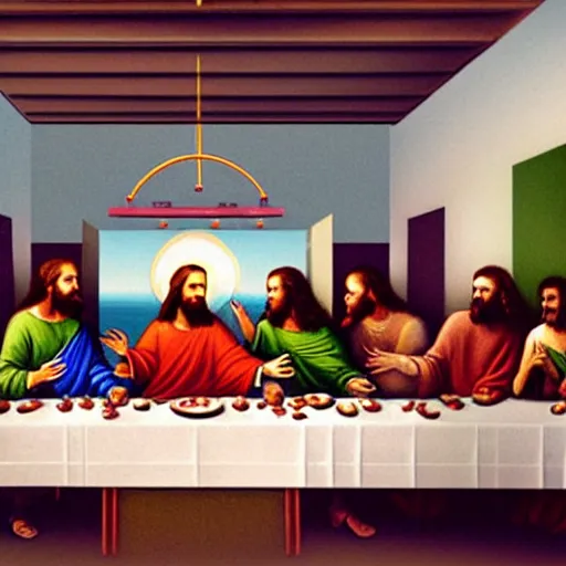 Prompt: a photograph of jesus and his disciples having the last supper at dave and busters restaurant
