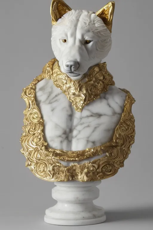 Image similar to a white marble bust of a wolf with gold filigree