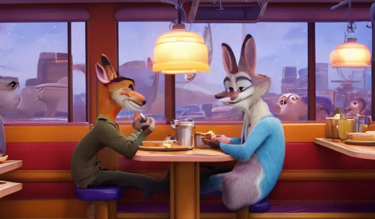 Prompt: A scene from Zootopia. Tired and lonely Nick is eating dinner at a lonely diner. The diner is dim and dirty. The economy is in a slump. Cold tones, Pixar Digital Movies