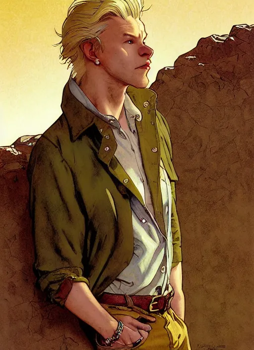 Prompt: beautiful portrait commission of a male Furry Anthro albino mountain lion Fursona wearing a yellow button-down shirt, olive green slacks. Downtown desert western town. Atmospheric. Renowned character illustration by greg rutkowski, thomas kindkade, alphonse mucha, loish, norman rockwell. detailed, inked, western comic book art