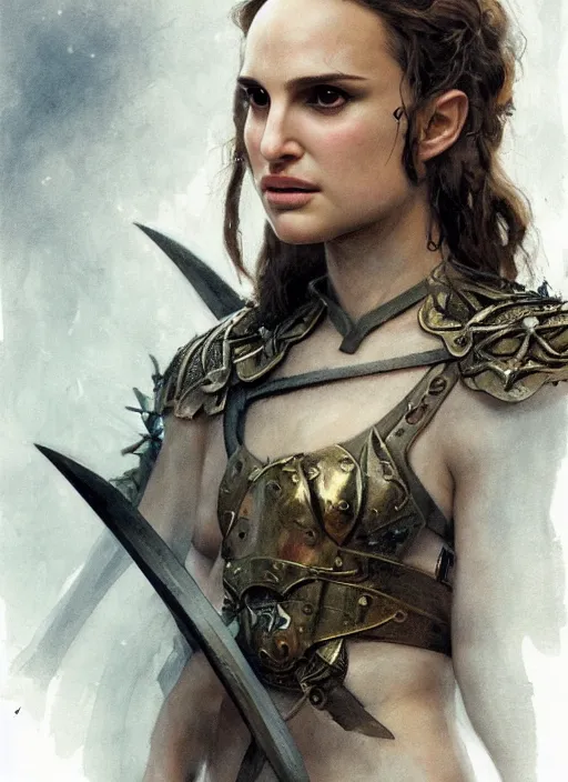 Image similar to young natalie portman, legendary warrior, fighter, lord of the rings, tattoos, decorative ornaments, battle armor, carl spitzweg, ismail inceoglu, vdragan bibin, hans thoma, greg rutkowski, alexandros pyromallis, cute, perfect face, detailed, sharply focused, centered, rule of thirds, photorealistic shading