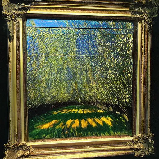 Image similar to by john lavery kokedama, vignetting expressive, shadowy. a beautiful installation art depicting a farm scene. the installation art shows a view of an orchard with trees in bloom.