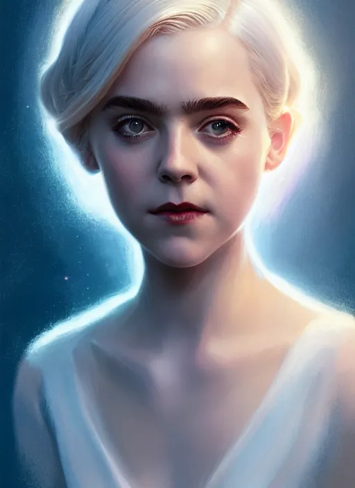 Image similar to portrait of kiernan shipka as sabrina spellman, white hair, intricate, elegant, glowing lights, highly detailed, digital painting, artstation, concept art, smooth, sharp focus, illustration, art by wlop, mars ravelo and greg rutkowski