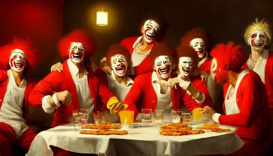 Image similar to highly detailed painting of a group of ronald mcdonalds with red afros, white facepaint, red noses and yellow tracksuits salsa dancing at a spanish tapas restaurant by william turner, by greg rutkowski, by william constable, thick brush strokes and visible paint layers, 4 k resolution