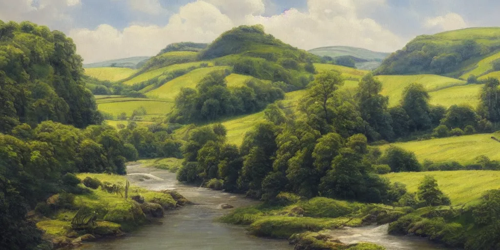 Prompt: a beautiful landscape painting of a yorkshire countryside valley with a river, hot summer sun, oil on canvas, highly detailed, hd, 4 k