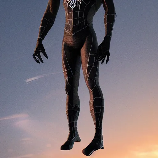 Image similar to black spider - man suit with white web lining, cinematic, volumetric lighting, realistic, hyperdetailed, photorealistic, photograph