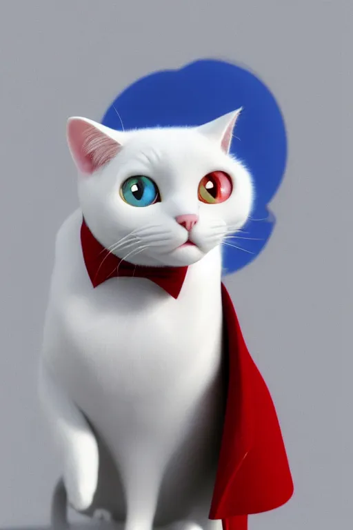 Image similar to a white cat with blue eyes wearing a red and green formal overcoat, hyperrealistic, concept art, octane render, unreal engine 5, realistic and defined face, profile picture, digital art, pixar and disney style, symmetrical, high quality, highly detailed, high coherence, path traced, house background, low contrast, beautiful