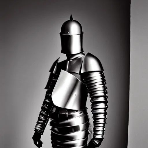 Prompt: a paladin wearing issey miyake armor in a bathroom, portrait, fashion photography, by mario testino, davide sorrenti, jemal shabazz