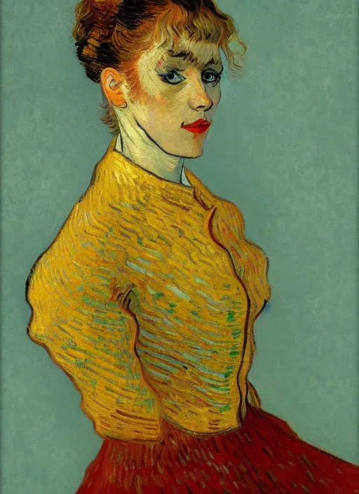 Image similar to !! portrait of the a parisian dancer!! by van gogh, detailed face, symmetrical painting, beautiful expressionist oil painting masterpiece, 8 k resolution, smooth, sharp focus, pastel color palette, trending on artstation