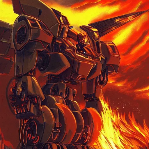 Image similar to beautiful picture of a giant Mecha, fire, burning, ember, dramatic, anime style, art by Yasuhiko Yoshikazu, trending on Artstation