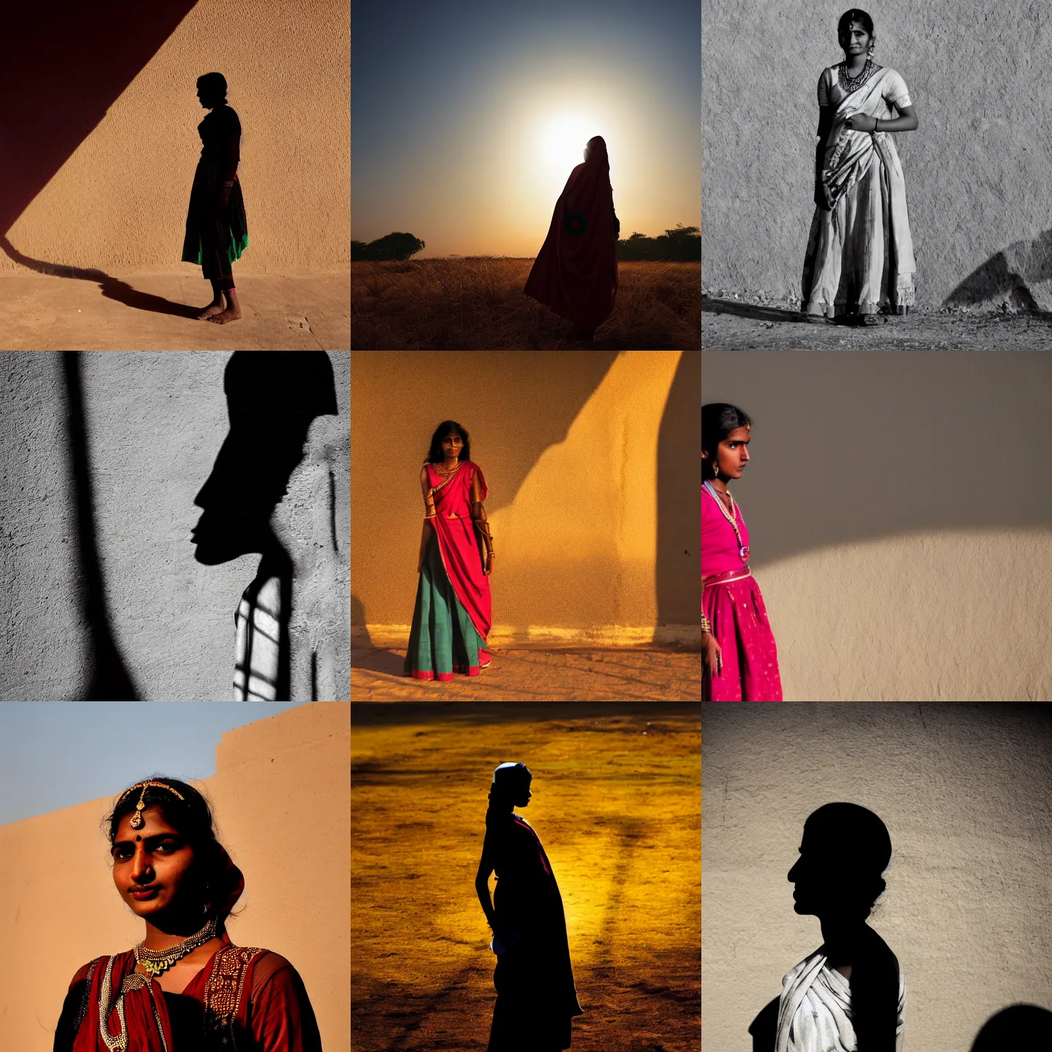 Prompt: A young Indian woman maharajah, mostly silhouetted in soft shadow, harsh sunlight