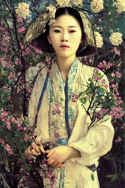 Image similar to close - up fashion asian woman portrait airy flowers sacura cloudy sky art by vasnetsov