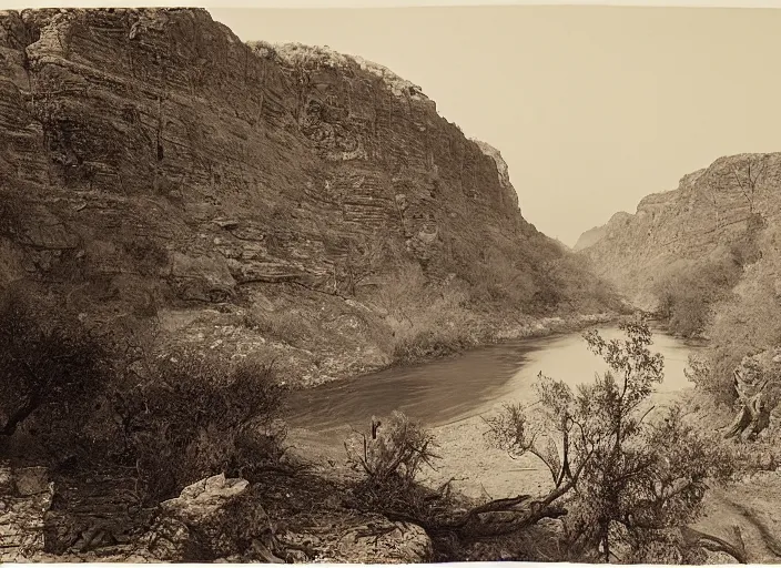 Image similar to Overlook of a river and chaparrals with sparse catci, albumen silver print by Timothy H. O'Sullivan.