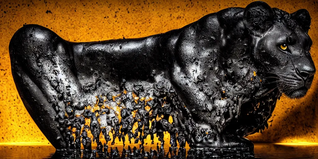 Image similar to a black lioness made of tar bathing inside the bathtub full of tar, covered with black goo, covered with slime, drooling ferrofluid, dripping ferrofluid. dslr, photography, realism, animal photography, color, modern bathroom, hyper realistic, 8 k resolution, v - ray, render, photoreal