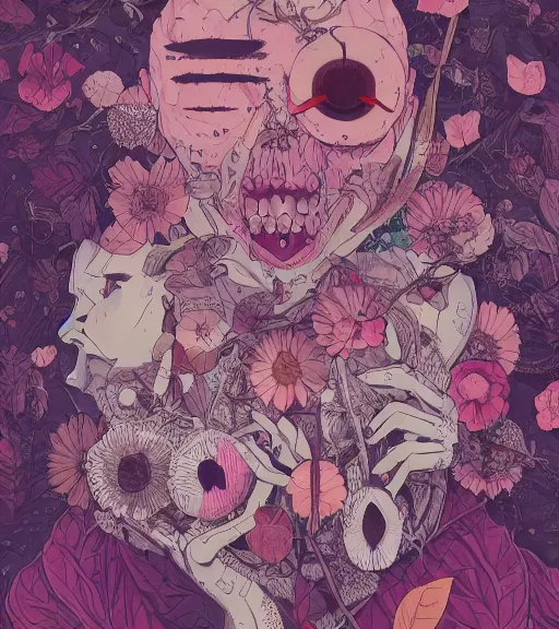 Image similar to portrait, nightmare anomalies, leaves with a flower by miyazaki, violet and pink and white palette, illustration, kenneth blom, mental alchemy, james jean, pablo amaringo, naudline pierre, contemporary art, hyper detailed