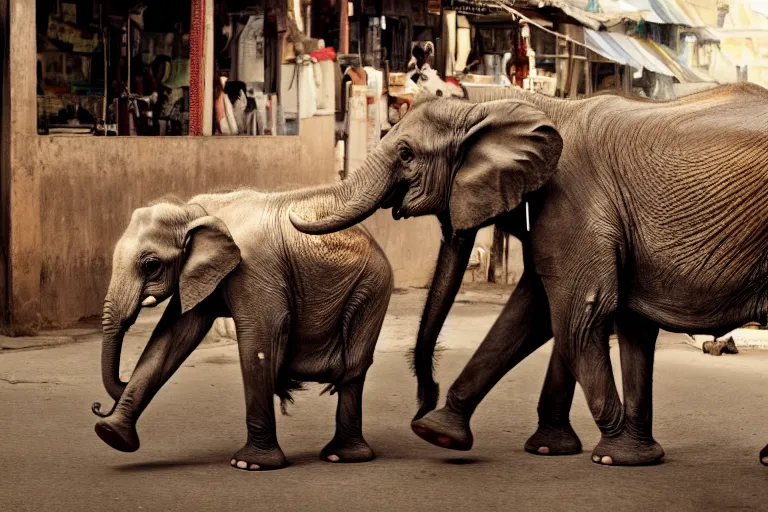 Prompt: cinematography elephant walking through Indian market by Emmanuel Lubezki