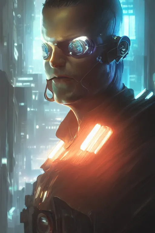 Image similar to cyberpunk man with face tech, dim ambient lighting, dark shadows, highly detailed, 8k, rim lighting, digital painting, artstation , concept art, sharp focus, illustration, art by artgerm and greg rutkowski and alphonse mucha