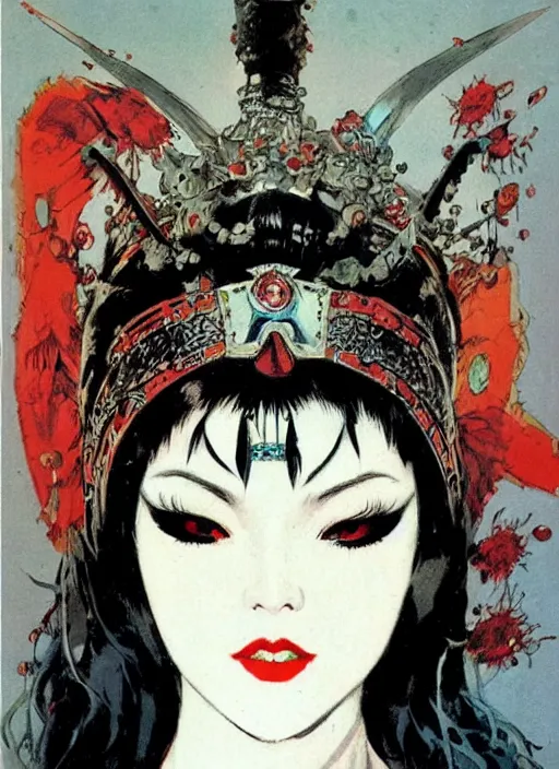 Image similar to mighty female korean vampiress, jeweled headdress, heavy mascara, strong line, saturated color, beautiful! coherent! by frank frazetta, high contrast, minimalism