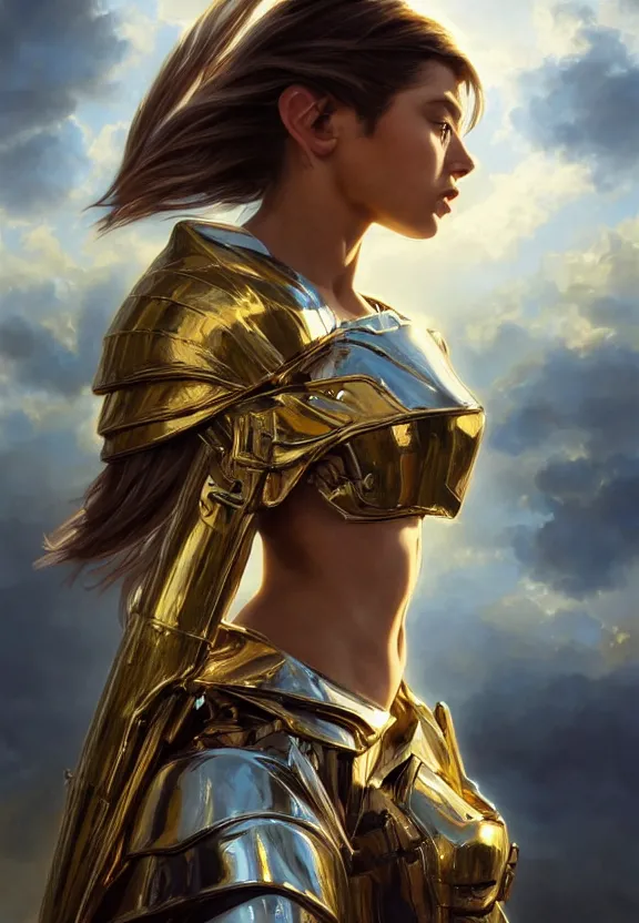 Prompt: A beautiful fierce photogenic angel wearing metallic battle armor, posing heroically with heavenly sunlit clouds in the background, close-up shot, elegant, digital painting, golden hour, cinematic, epic, trending on artstation, concept art, smooth, sharp focus, illustration, art by artgerm and Greg Rutkowski and Alphonse Mucha