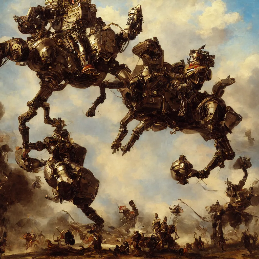 Image similar to George Washington piloting a giant mech steampunk suit of armor, by Emanuel Leutze