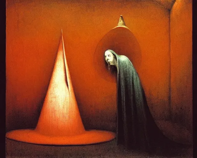 Prompt: devotion to the scarlet woman, priestess in a conical hat, coronation, ritual, sacrament, by francis bacon, beksinski, bosch, mystical redscale photography, opulence, luxury, maximalism.