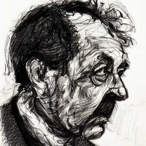 Image similar to a realistic yet scraggly portrait sketch of the side profile of a stern and sophisticated gene ween, trending on artstation, intricate details, in the style of frank auerbach, in the style of sergio aragones, in the style of martin ansin, in the style of david aja, in the style of mattias adolfsson