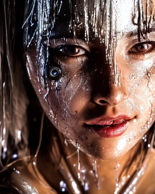 Prompt: portrait photo of female dancer as a cyberpunk mecha humanoid robotic head shoulder parts with straight bright led lights, wet skin with water dripping down face, ultra - realistic and detailed, 8 k hdr