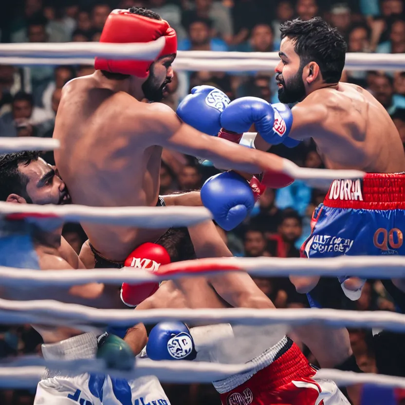 Prompt: landscape photography of a boxing match between rohit sharma and virat kohli in the ring, ultra realistic, highly detailed, canon 3 5 mm photography