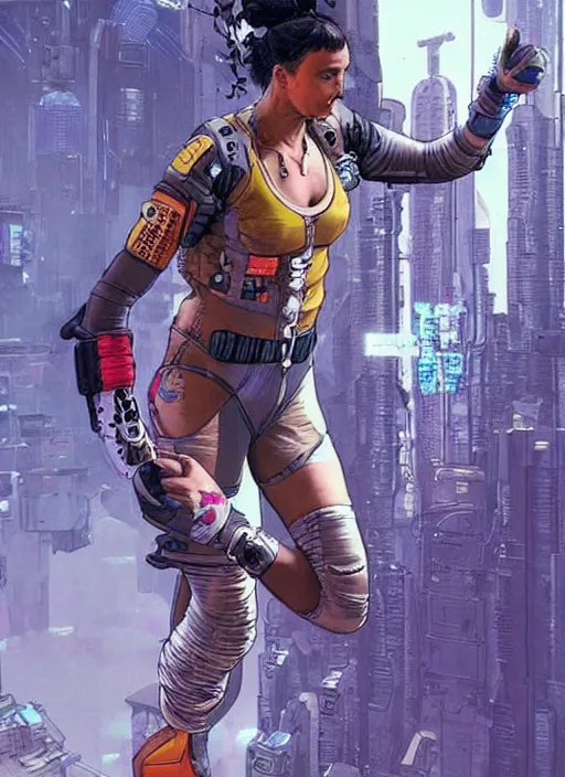 Image similar to maria. apex legends cyberpunk gymnast. concept art by james gurney and mœbius. gorgeous face, cinematic, dramatic lighting ( cyberpunk 2 0 7 7 ), clean aesthetic