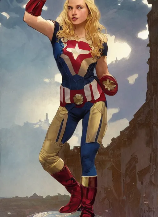 Image similar to toned young april with a mischievous face and extremely long blonde wavy hair dressed as superhero in her early twenties, posing with arms tucked behind back, captain america, tight fit, curvaceous, intricate detailed face, shiny, greg rutkowski, alphonse mucha