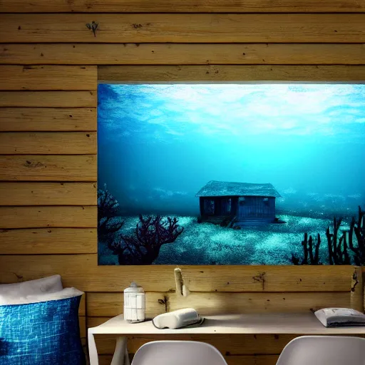 Prompt: a cabin in the woods underwater, 8k, high definition, highly detailed, photo-realistic