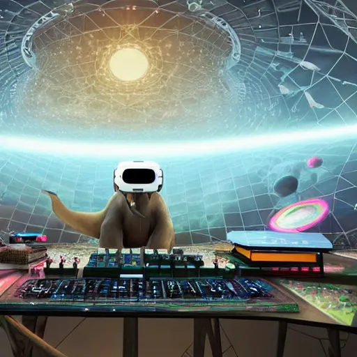 Prompt: a hyperrealistic 3D octane render of an elephant wearing virtual reality goggles, and playing a synthesizer keyboard, inside of a geodesic dome planetarium with planets and galaxies, trending on artstation, 8k, 4K, dramatic lighting, glowing, volumetric lighting, ray tracing, unreal engine