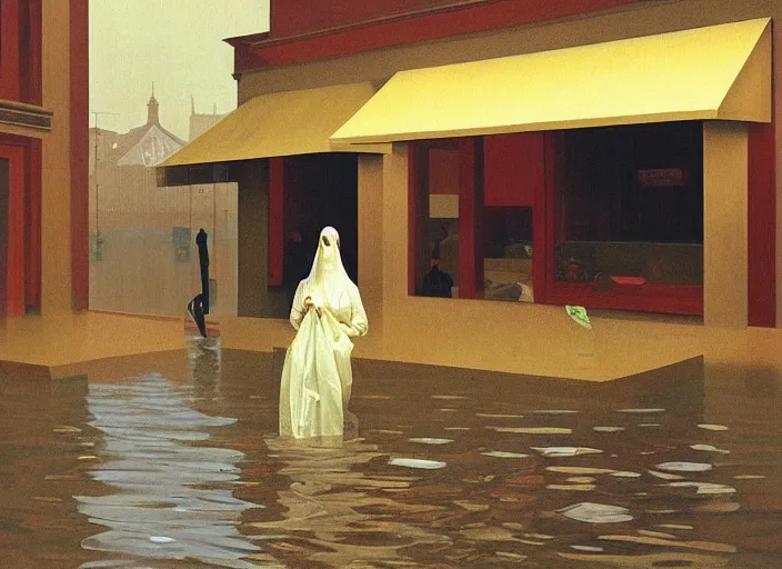 Prompt: woman dressed in plastic bags plugged into computer in paper bag over the head on flooded street Edward Hopper and James Gilleard, Zdzislaw Beksinski, highly detailed