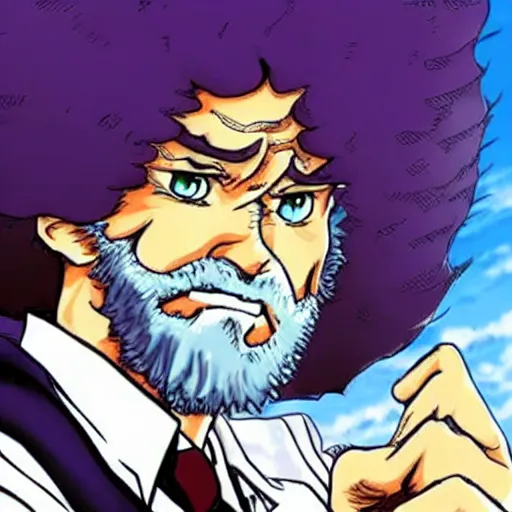 Prompt: Bob Ross in jojo bizarre adventure, anime, Araki style