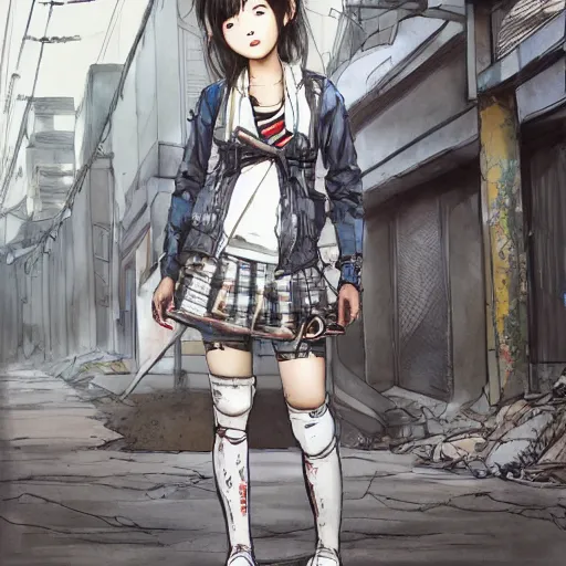 Prompt: a perfect, realistic professional digital sketch of a Japanese schoolgirl posing in a postapocalyptic alleyway, style of Marvel, full length, by pen and watercolor, by a professional American senior artist on ArtStation, a high-quality hollywood-style sketch, on high-quality paper