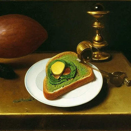 Image similar to still life with avocado toast, golden chalice, flies, velvet, 1 0 0 dollar bills, by willem claesz heda