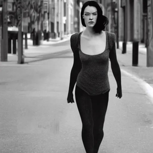 Image similar to stoya realistic expired kodak film full body portrait of an woman in street, hyperrealism, hypermaxiymalism, photorealistic, detailed, atmospheric, 8 k, award winning photography, cinematic