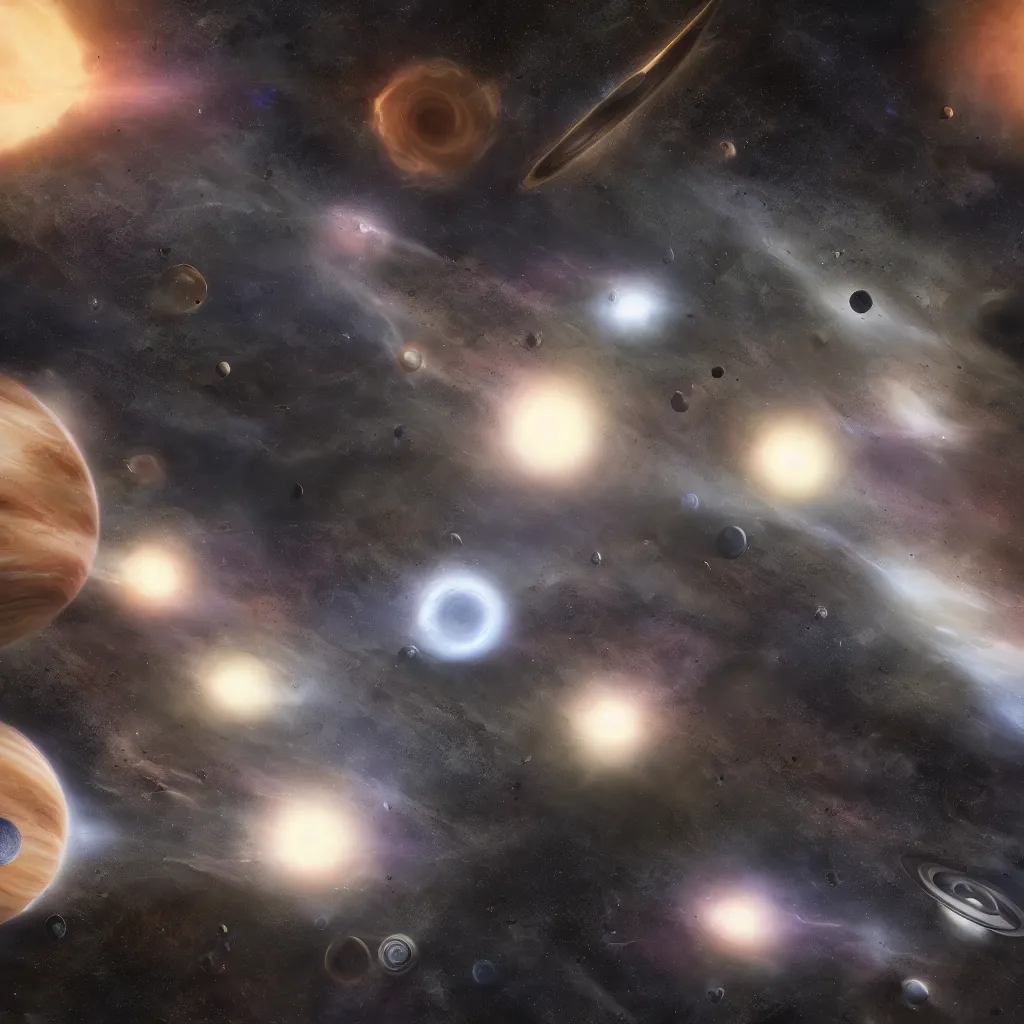 Image similar to galactic space fleet flying in front of a gas giant planet, 8 k resolution