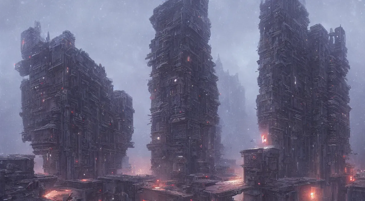 Image similar to highly detailed brutalist architecture city, star wars imperial style, while it's snowing, stephen bliss, unreal engine, fantasy art by greg rutkowski, loish, rhads, ferdinand knab, makoto shinkai, ilya kuvshinov, rossdraws, global illumination, radiant light, detailed and intricate environment